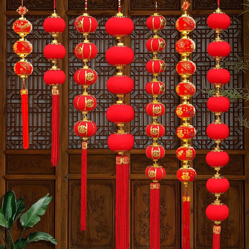 大红植绒小灯笼串挂饰春节场景布置植绒小灯笼串商场新年装饰挂件