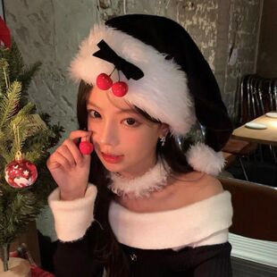 新款黑色蝴蝶结樱桃氛围圣诞帽子女生红色长毛绒可爱保暖圣诞帽
