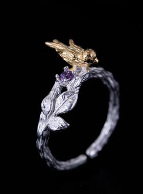 S925银树枝小鸟紫钻戒指