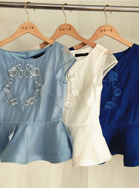 RMEO浪漫一身夏休闲体恤女绣花小衫网纱上衣丝绸内衬宽松下摆气质