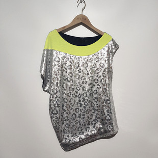 MUJEW女士针织衫银色t恤性感上衣短袖圆领亮片拼接不等式袖子韩版