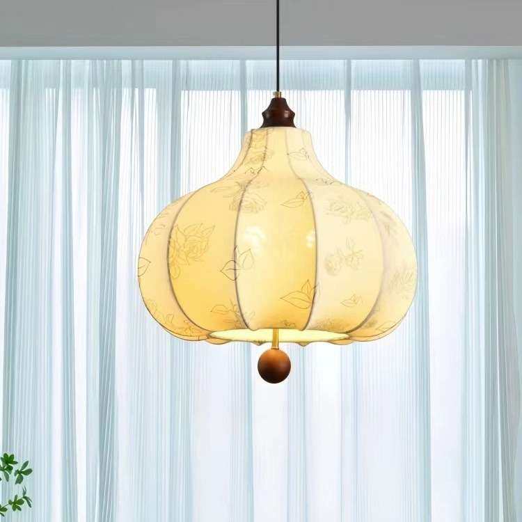 餐厅吧台灯实木日式中古风印花护眼灯具卧室复古感吊灯法式