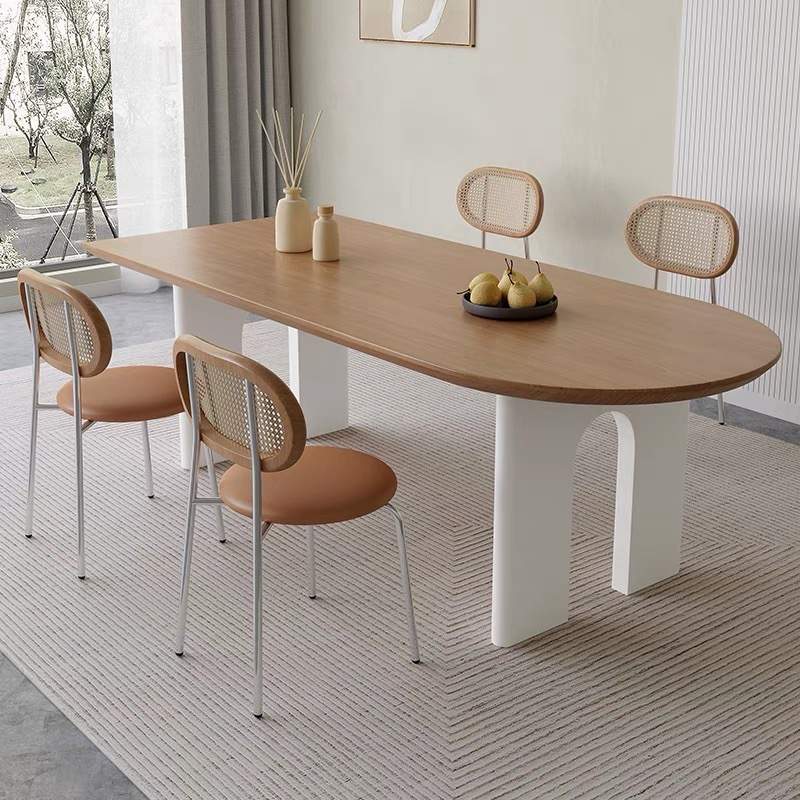 北欧实木岛台家用小户型靠墙半圆形客厅长书桌办公餐桌一体饭桌