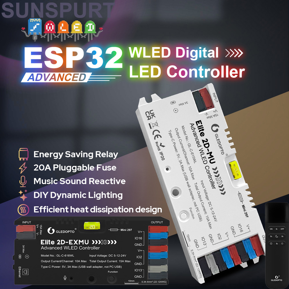 WLED ESP32涂鸦WiFi幻彩控制器2.4G亮度全彩RGBCW三合一SPI控制器