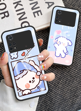 适用小米pocom4pro手机壳海外4g版全包防摔m4pro硅胶保护套2201117PI彩绘玻璃外壳m4可爱卡通图案少女款四por