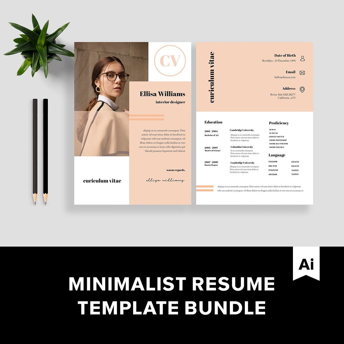 极简主义个人简历高端个性化平面设计社会求职面试标准模板AI素材