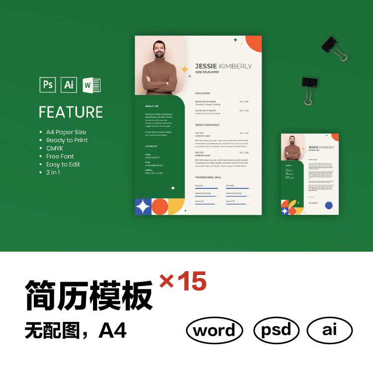 英文简历高端简约商务撞色系PSD模板Word电子档AI矢量图毕业简历