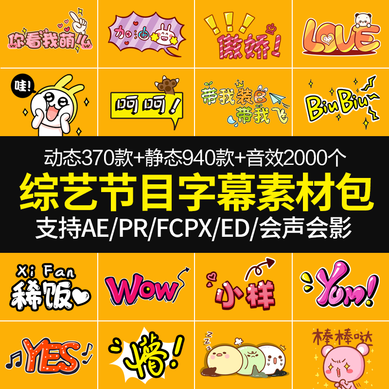 综艺电视音效节目字幕素材包动态模板真人秀动画卡通可爱PR花字体