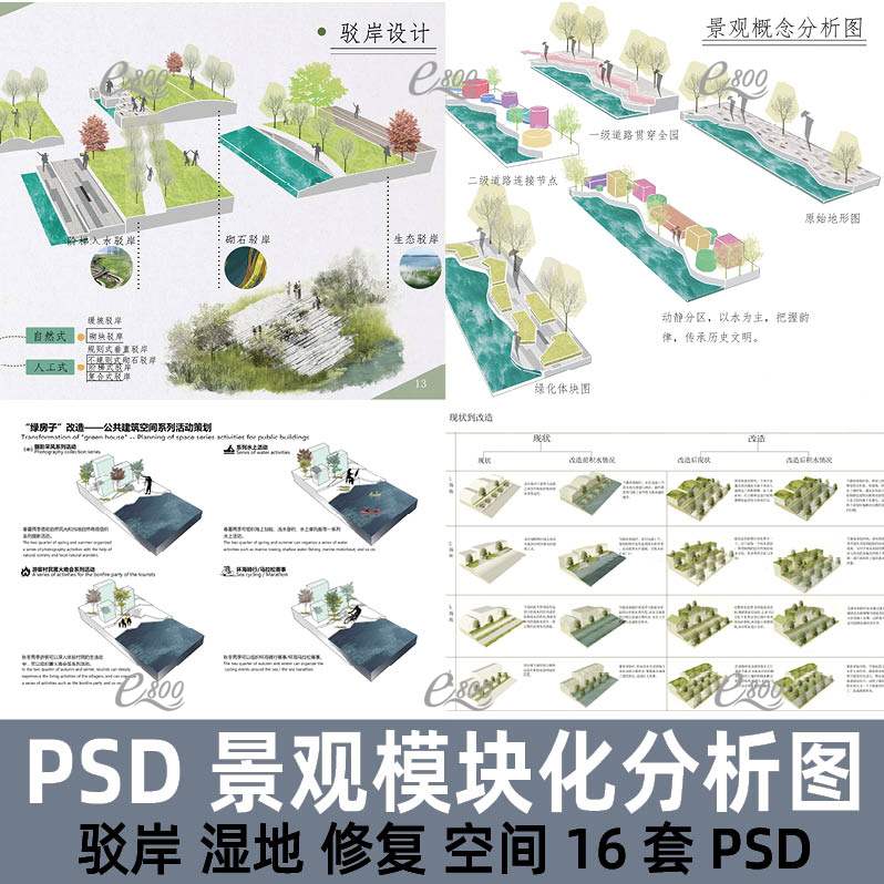 景观模块分析图PSD分层素材竞赛风滨水湿地公园驳岸断面设计PS