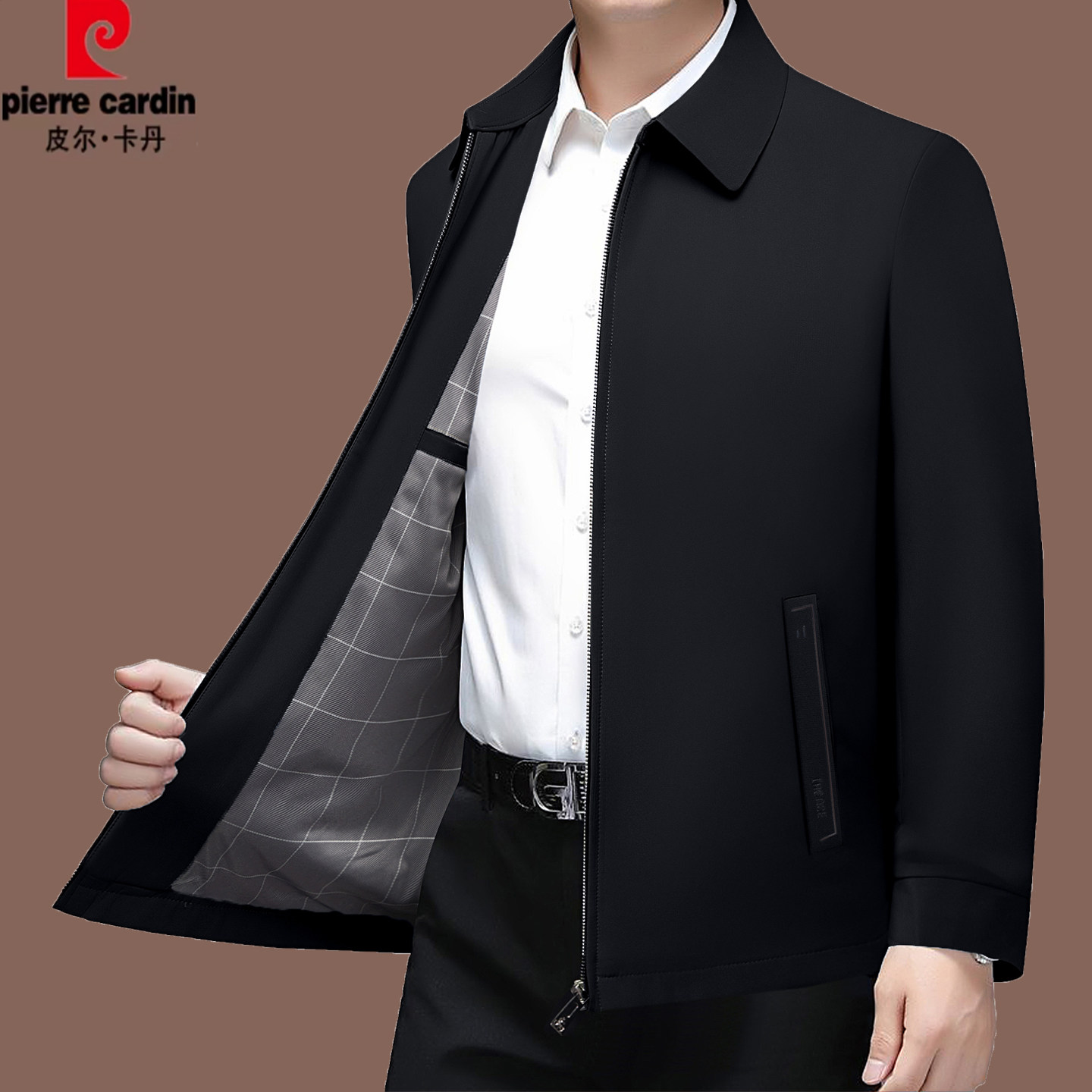 皮尔卡丹正品春秋季新款薄款翻领夹克男中年行政纯色爸爸上衣外套