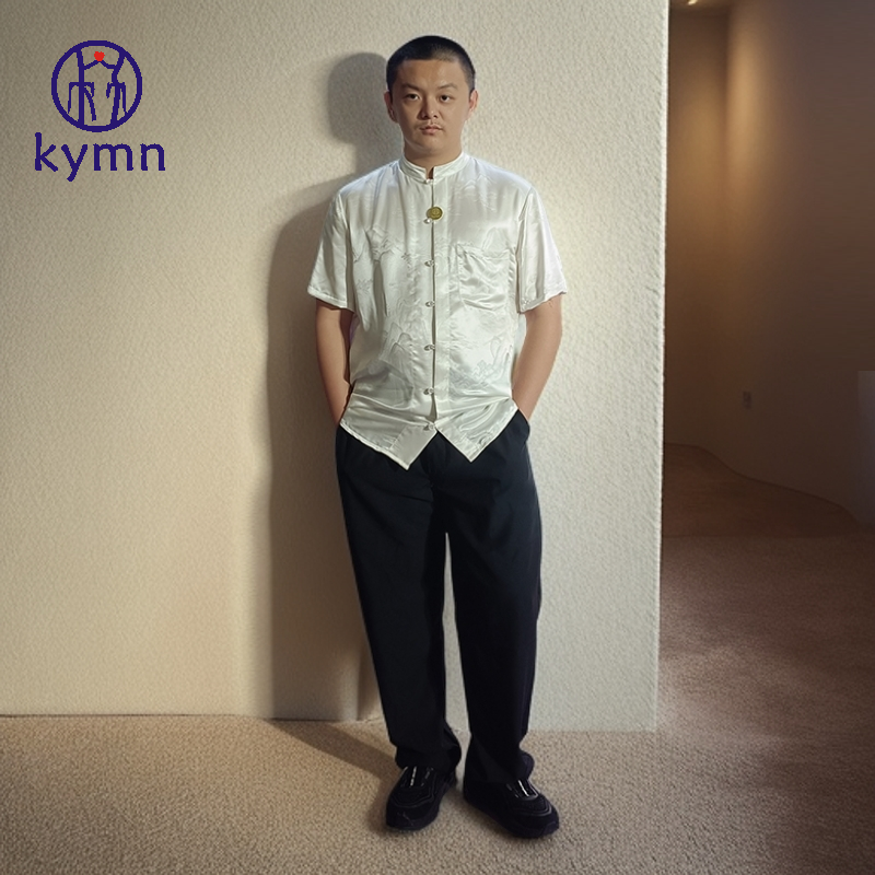 kymn原创立领衬衫男士短袖香云纱新中式上衣衬衣黑色白色商务正装