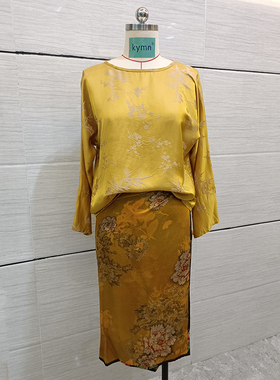 kymn原创一片式桑蚕丝牡丹花古法裁剪宽松圆领喜鹊梅兰竹中式上衣