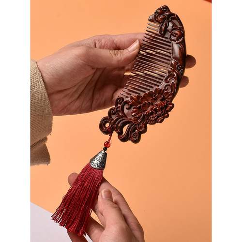 犀角紫檀木梳子国风花开富贵个人清洁护理发梳送女友闺蜜创意礼品