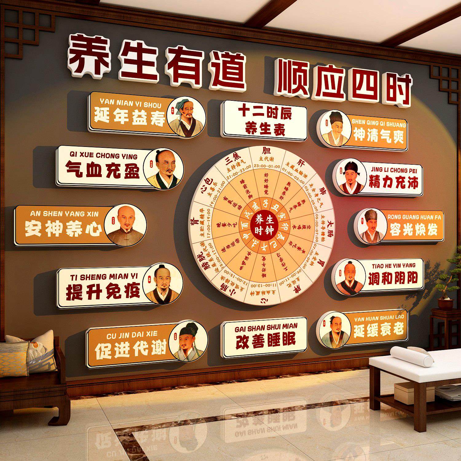 网红中医养生馆图墙面装饰画 画文化形象十二时辰钟 钟美容院氛围