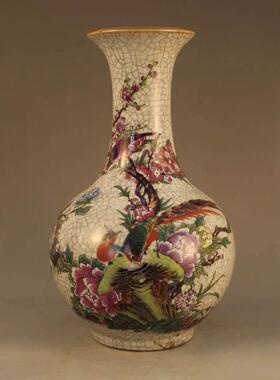 景德镇彷古陶瓷器粉彩花鸟赏瓶裂纹花瓶三月牡丹瓶家居装饰摆件