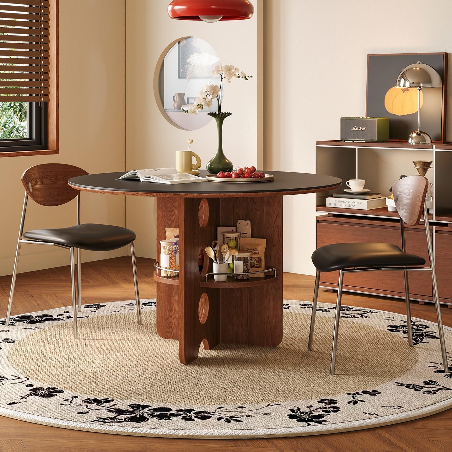 实木岩板餐桌中古风实木家用小户型高级感圆桌现代简约轻奢餐桌椅