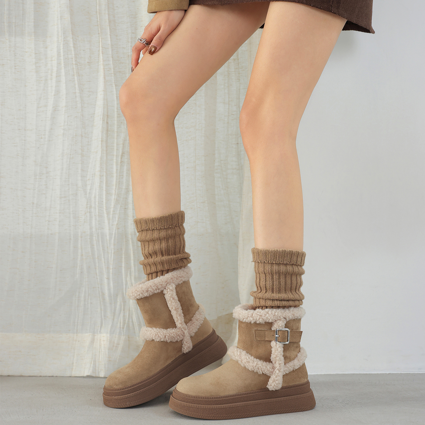 Dale黛迩冬季加绒保暖厚底雪地靴