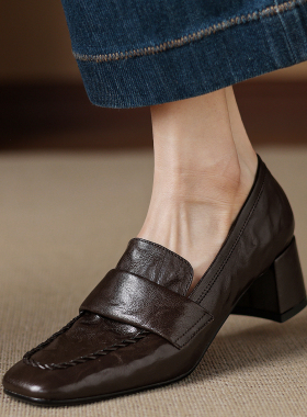 Dale黛迩~小羊皮版 复古风方头深口单鞋女真皮粗跟中跟通勤乐福鞋