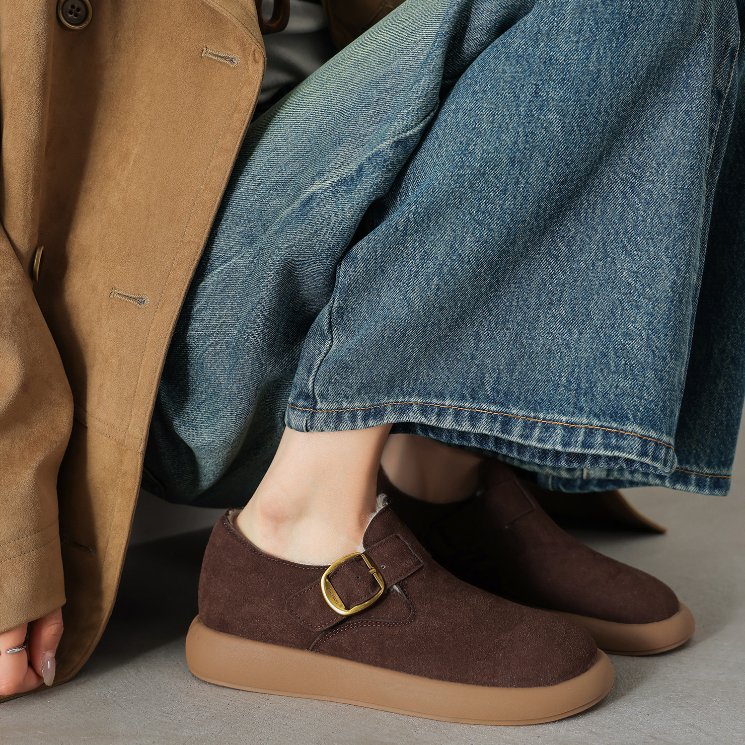 Dale黛迩~ 棕色勃肯鞋女厚底休闲百搭一脚蹬软底舒适加绒单鞋大码