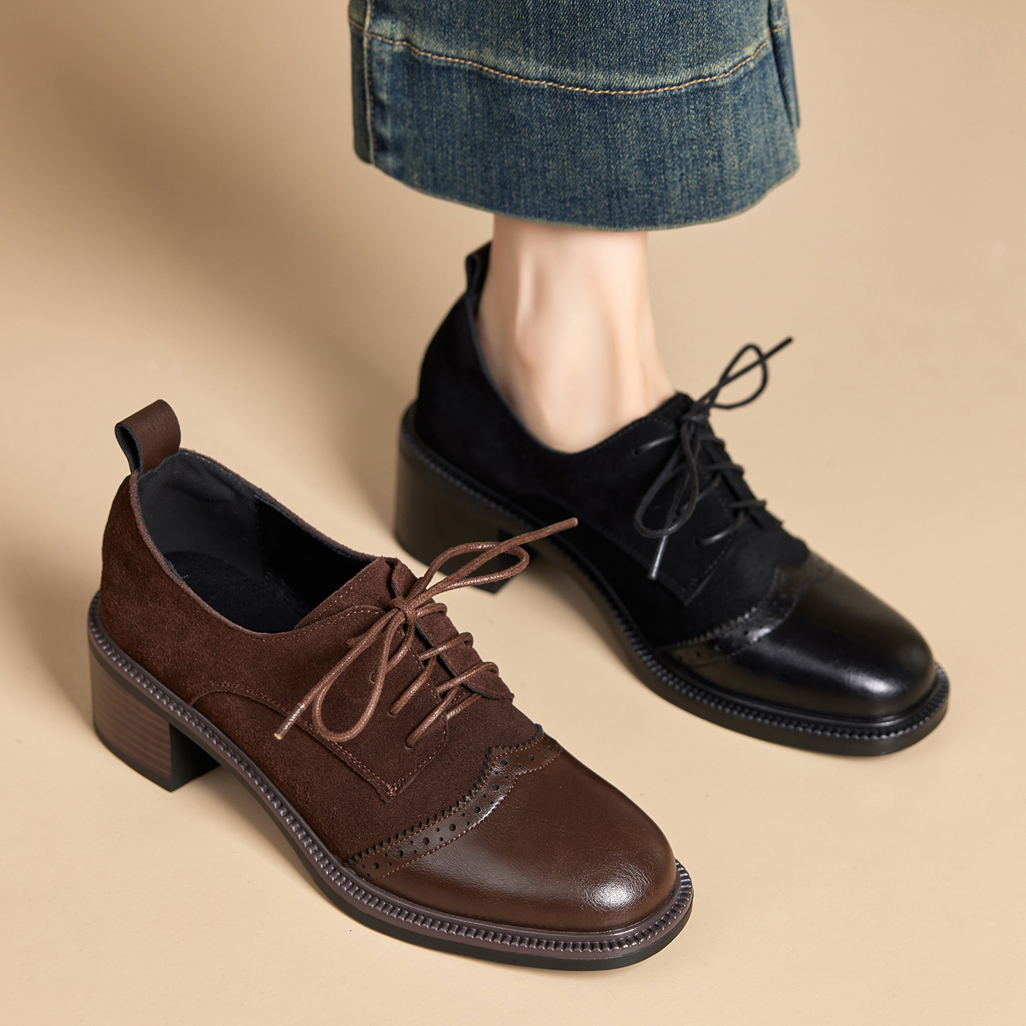 Dale小腔调~系带雕花布洛克单鞋