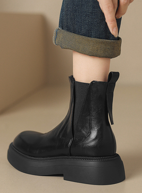 Dale黛迩~大码靴子41—43 复古圆头厚底弹力切尔西靴休闲百搭短靴