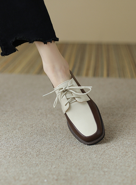 小码单鞋313233方头系带小香风拼色乐福鞋法式低跟小皮鞋大码女鞋