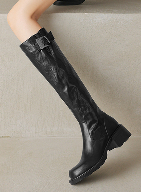 Dale黛迩~巴黎夜色 复古棕色高筒骑士靴女粗跟百搭真皮不过膝长靴