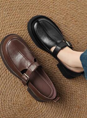 Dale~巨软巨舒服 头层羊皮厚底百搭乐福鞋女复古圆头粗跟大码女鞋