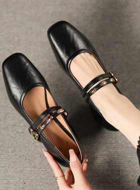 32小码33复古方头粗跟玛丽珍鞋2025新款一字扣带浅口单鞋大码女鞋
