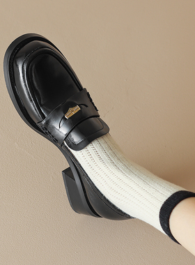 Dale黛迩~大码41—43 法式复古棕色低跟乐福鞋女真皮圆头休闲单鞋