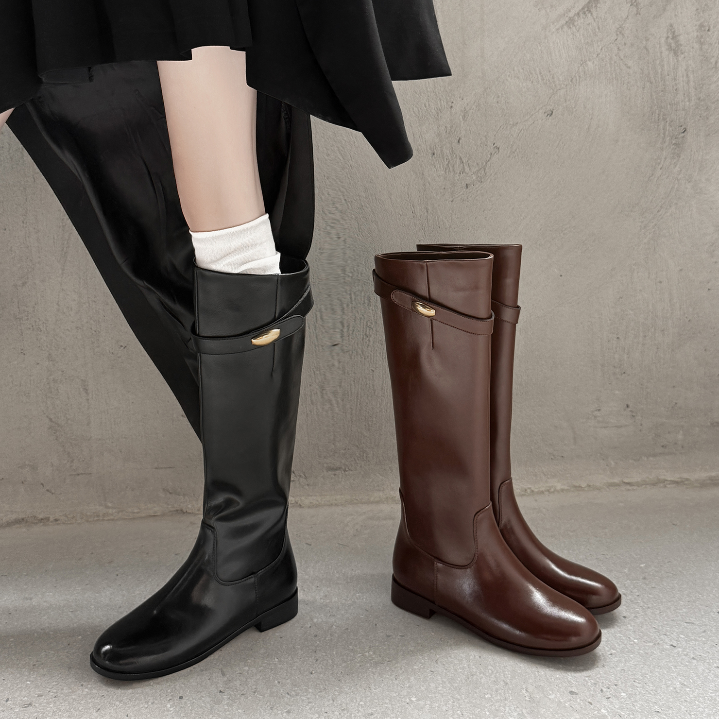 皮带扣粗跟大筒围高筒骑士靴