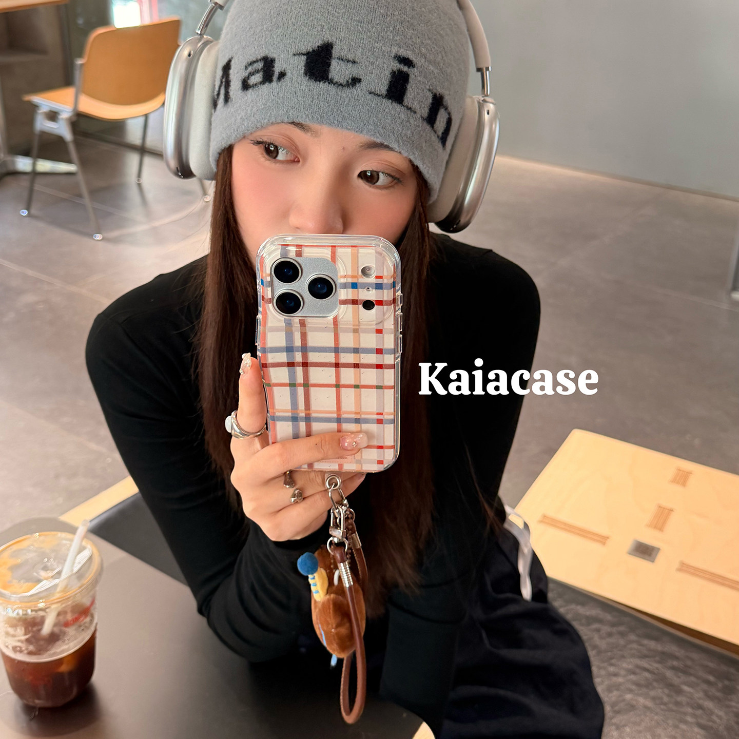 kaia 日韩chic简约格纹小熊公仔适用苹果18promax手