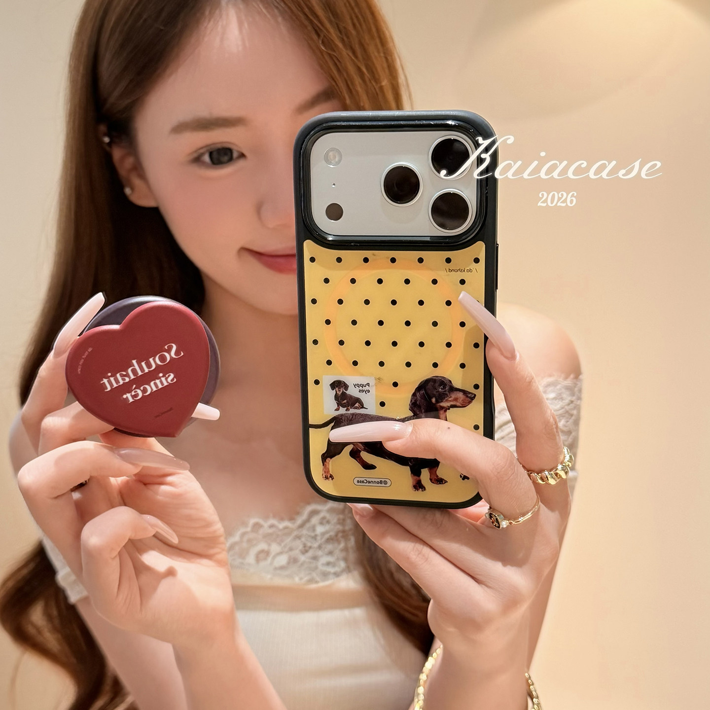 kaia ins复古波点腊肠狗爱心适用苹果17promax手机壳iphone16pro新款13女14pro磁吸支架15pro全包防摔手机套