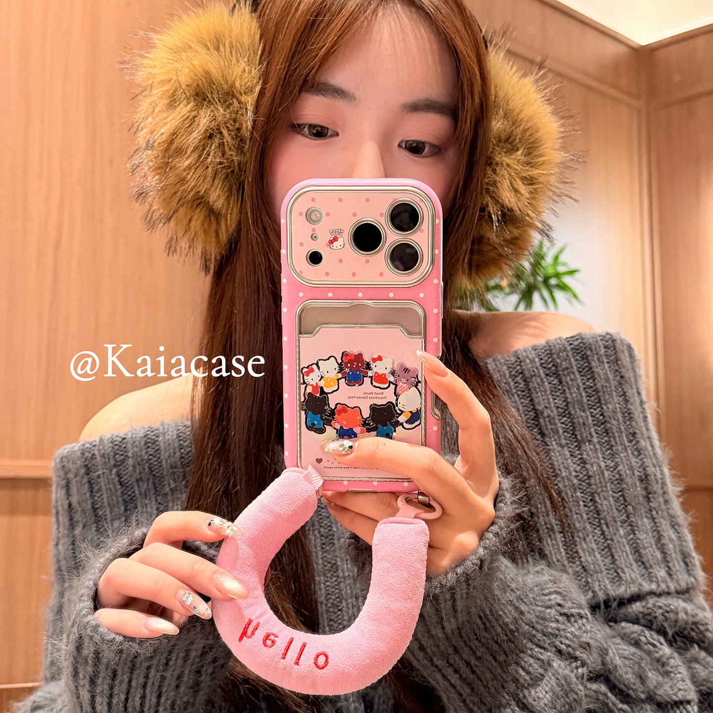 kaia 甜美卡通粉哈喽kt波点卡套适用苹果17promax手机壳iphone16pro新款17女14pro棉腕带15pro全包防摔手机套,3C数码配件,手机保护套/壳,淘宝优惠券,粉丝福利购,淘宝优惠卷