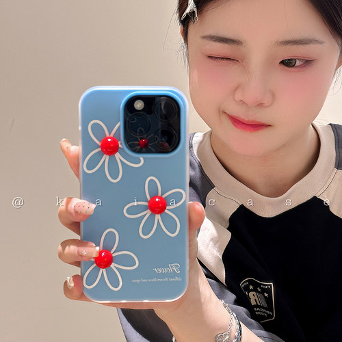 kaia ins红蓝撞色手绘花朵适用iphone15promax手机壳苹果16新款13肤感磨砂14promax女13pro苹果12全包保护套