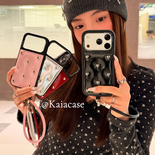 kaia 高级感ins甜酷纯色银爱心适用苹果17promax手机壳iphone16pro新款13女14pro带挂绳15pro皮质防摔手机套