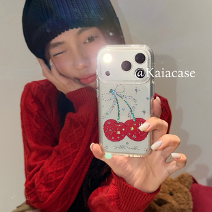 kaia超仙唯美ins透明水钻红樱桃适用苹果17promax手机壳iphone16pro新款13女14pro带挂件15pro全包防摔手机套