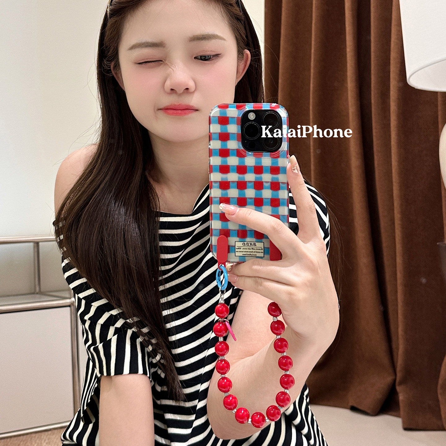 kaia 韩系ins撞色红蓝格纹爱心适用苹果17promax手机壳iphone13新款15女款14pro手提链条16pro双层防摔手机套,3C数码配件,手机保护套/壳,淘宝优惠券,粉丝福利购,淘宝优惠卷