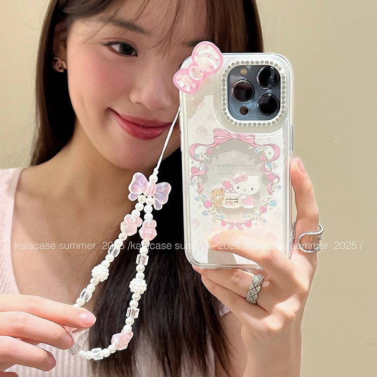 kaia甜美可爱粉色碎花圈哈喽KT适用苹果16promax手机壳iphone13新款15女14pro带链条16pro二合一12防摔手机套,3C数码配件,手机保护套/壳,淘宝优惠券,粉丝福利购,淘宝优惠卷