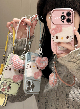 kaia 卡通秋冬毛毡HelloKitty适用iphone16promax手机壳苹果16新款14立体15女13带挂绳14pro创意苹果保护套软