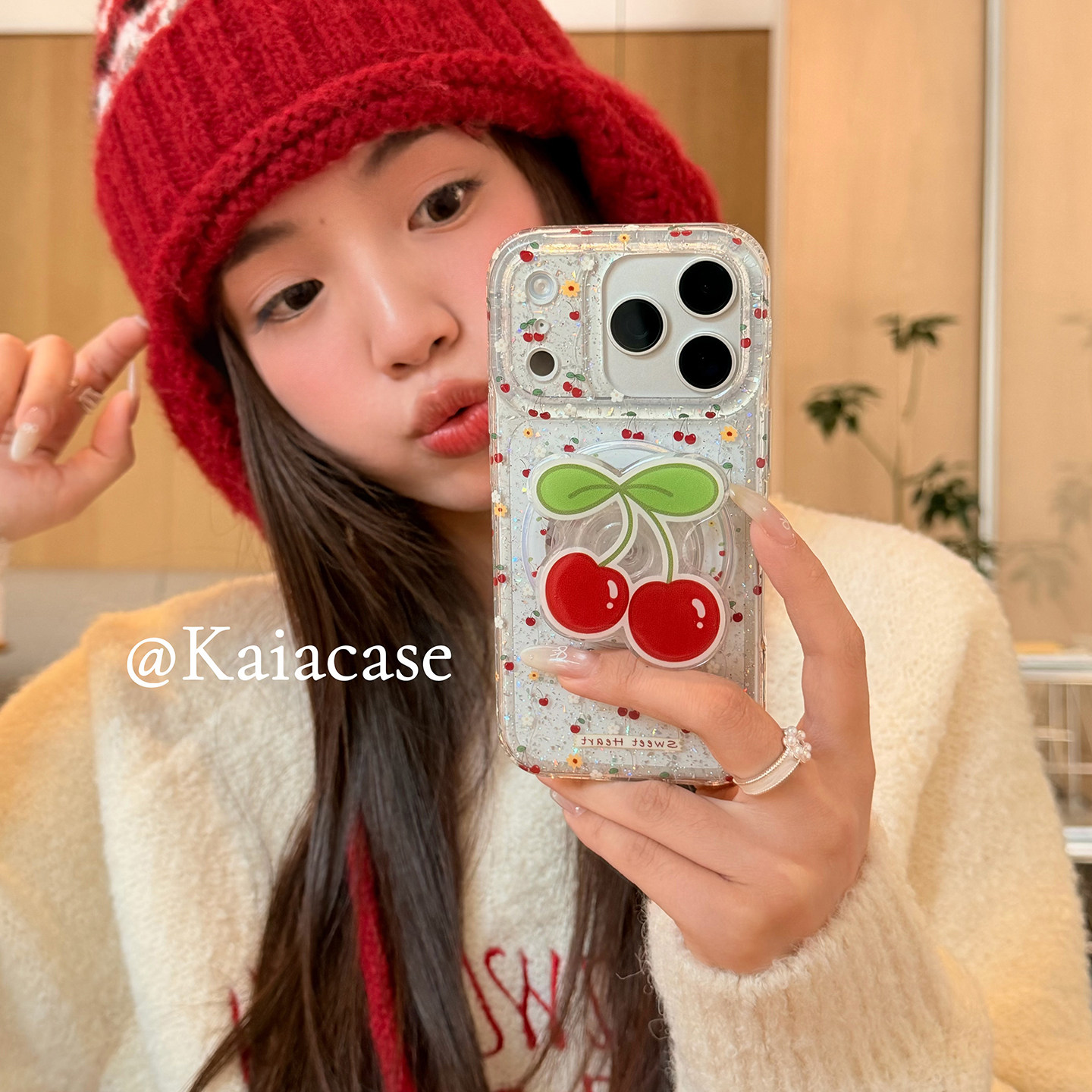 kaia 俏皮闪粉红樱桃花朵适用苹果17promax手机壳iphone16pro新款15女14pro磁吸支架15pro透明全包防摔手机套,3C数码配件,手机保护套/壳,淘宝优惠券,粉丝福利购,淘宝优惠卷