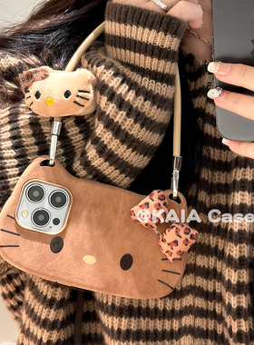 kaia 美拉德棕手提hellokitty适用苹果16promax手机壳iphone13新款13公仔挂绳15女15promax鹿绒皮16pro手机壳