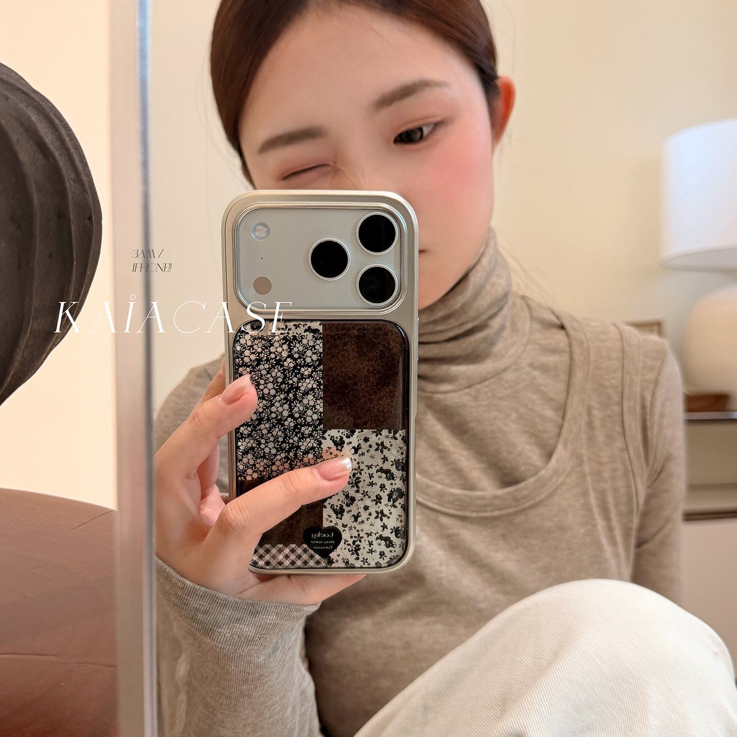 kaia韩风ins艺术碎花拼接格纹适用苹果17promax手机壳