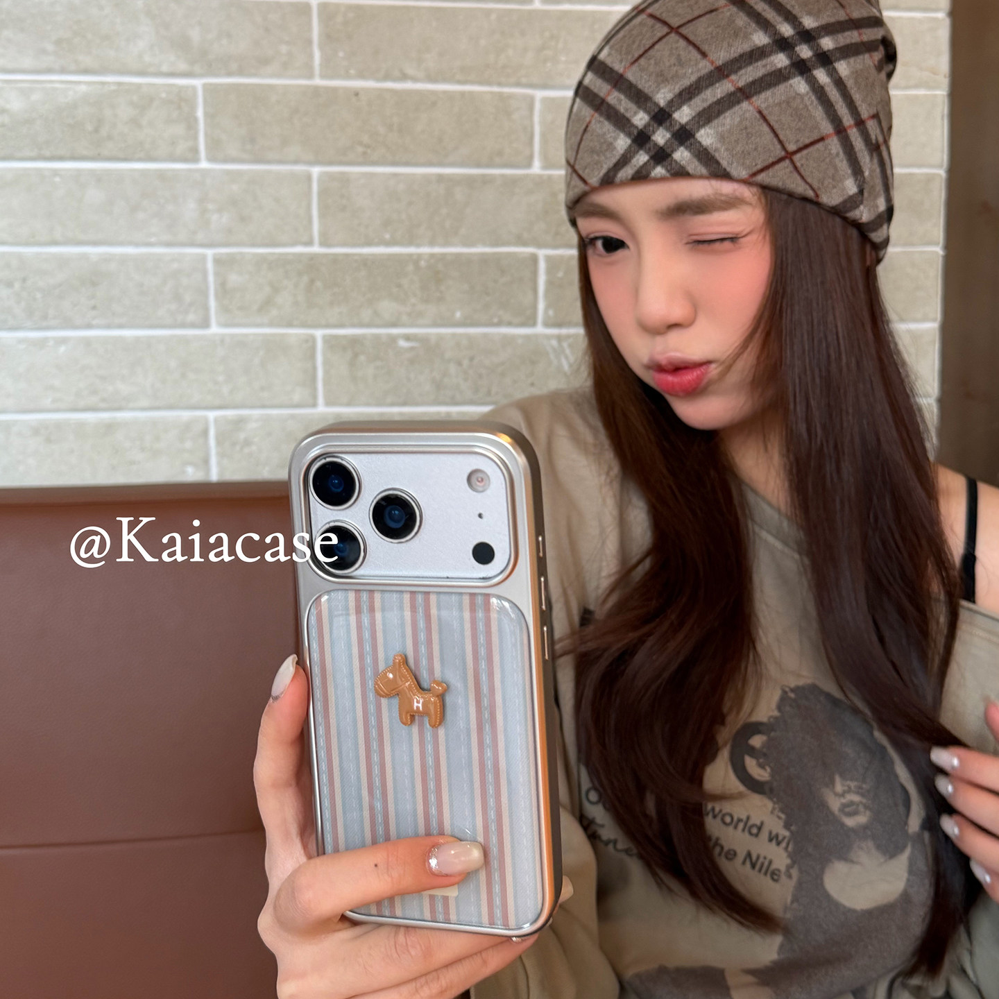 kaia韩系ins蓝棕虚线条纹立体小马适用苹果17promax手机壳iphone16pro新款17女14pro创意15pro滴胶防摔手机套,3C数码配件,手机保护套/壳,淘宝优惠券,粉丝福利购,淘宝优惠卷