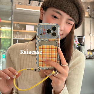 kaia韩系ins小众彩色格纹卡套适用苹果17promax手机壳iphone16pro新款13女14pro腕带挂绳15pro全包防摔手机套