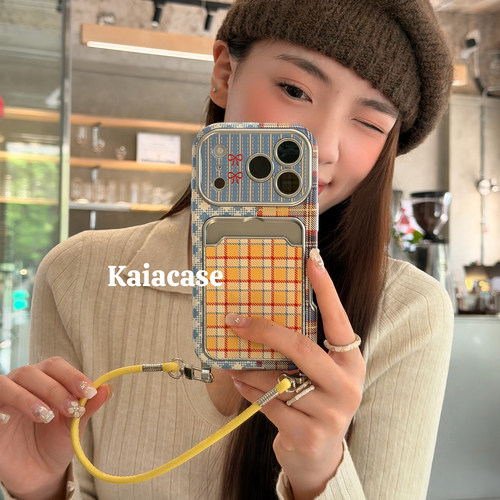 kaia韩系ins小众彩色格纹卡套适用苹果17promax手机壳iphone16pro新款13女14pro腕带挂绳15pro全包防摔手机套
