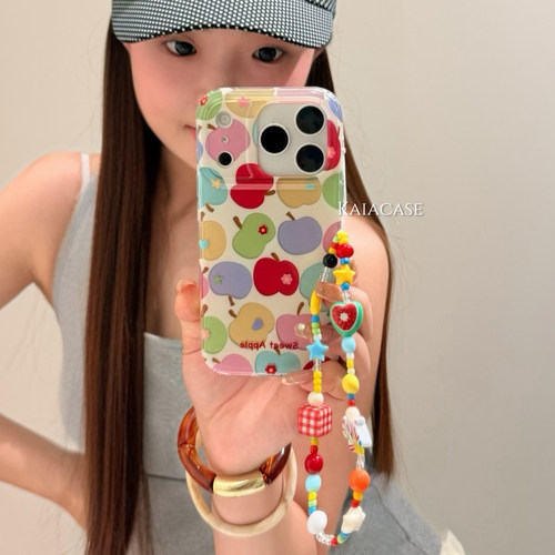 kaia 韩系ins彩色苹果花朵适用苹果17promax手机壳iphone16pro新款13女14pro带链条15pro全包双层防摔手机套