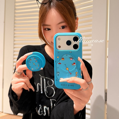 kaia 湖蓝甜品樱桃小狗时钟适用于苹果17promax手机壳iphone16pro新款16女17pro磁吸支架15pro全包防摔手机套