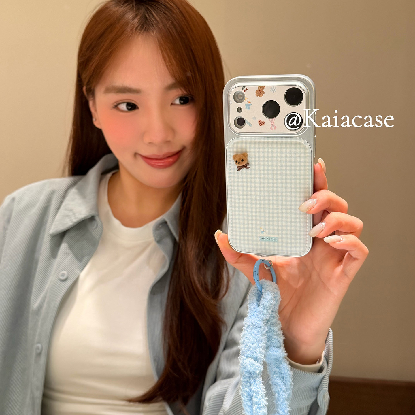 kaia 少女心温柔蓝格纹立体小熊适用苹果17promax手机壳iphone16pro新款17女14pro绒挂绳15pro全包防摔手机套,3C数码配件,手机保护套/壳,淘宝优惠券,粉丝福利购,淘宝优惠卷