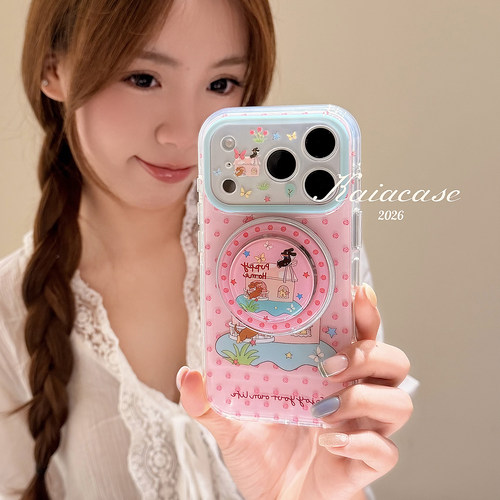 kaia 少女心粉波点房子腊肠狗适用苹果17promax手机壳iphone16pro新款16女17pro磁吸支架15pro全包防摔手机套